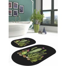 Napoli Home Dijital Yıkanabilir Kaymaz Kaktüs Desenli Oval Banyo Paspası Klozet Takımı, Klozet-63-Antrasit,