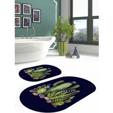 Napoli Home Dijital Yıkanabilir Kaymaz Kaktüs Desenli Oval Banyo Paspası Klozet Takımı, Klozet-63-Lacivert,