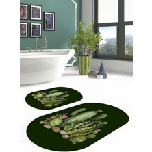 Napoli Home Dijital Yıkanabilir Kaymaz Kaktüs Desenli Oval Banyo Paspası Klozet Takımı, Klozet-63-Yeşil,