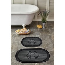Napoli Home Dijital Baskı Yıkanabilir Kaymaz Ayak Baskılı Oval Banyo Paspası Klozet Takımı, Klozet-51-Antrasit,