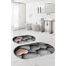 Napoli Home Dijital Baskılı Yıkanabilir Kaymaz Taş Modelli Oval Banyo Paspası Klozet Takımı, Klozet-73-Gri,