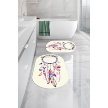 Napoli Home Dijital Yıkanabilir Kaymaz Kuş Tüyü Desenli Oval Banyo Paspası Klozet Takımı, Klozet-92-Krem,