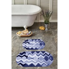 Napoli Home Dijital Yıkanabilir Kaymaz Sade Zigzag Model Oval Banyo Paspası Klozet Takımı, Klozet-97-Lacvert,