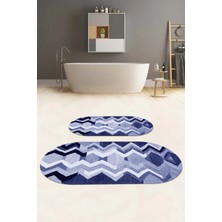 Napoli Home Dijital Yıkanabilir Kaymaz Sade Zigzag Model Oval Banyo Paspası Klozet Takımı, Klozet-97-Lacvert,
