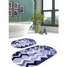 Napoli Home Dijital Yıkanabilir Kaymaz Sade Zigzag Model Oval Banyo Paspası Klozet Takımı, Klozet-97-Lacvert,