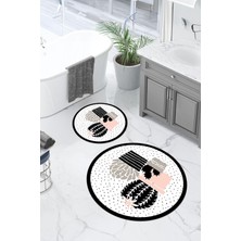 Napoli Home Dijital Yıkanabilir Modern Kaktüs Modelli Yuvarlak Banyo Paspası Klozet Takımı, Klozet-93-Beyaz,