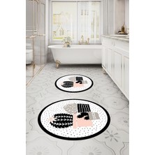 Napoli Home Dijital Yıkanabilir Modern Kaktüs Modelli Yuvarlak Banyo Paspası Klozet Takımı, Klozet-93-Beyaz,