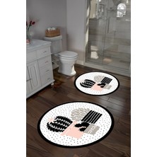 Napoli Home Dijital Yıkanabilir Modern Kaktüs Modelli Yuvarlak Banyo Paspası Klozet Takımı, Klozet-93-Beyaz,