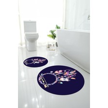 Napoli Home Dijital Yıkanabilir Kaymaz Kuş Tüyü Desenli Yuvarlak Banyo Paspası Klozet Takımı, Klozet-92-Mor,