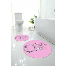 Napoli Home Dijital Yıkanabilir Kaymaz Kuş Tüyü Desenli Yuvarlak Banyo Paspası Klozet Takımı, Klozet-92-Pembe,