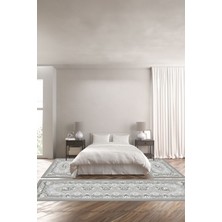 Napoli Home Dijital Kaymaz Yıkanabilir Klasik Çerçeve Çiçek Desenli Üçlü Yatak Odası, Yo-Klasik-53-Gri,