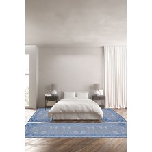 Napoli Home Dijital Baskılı Kaymaz Yıkanabilir Klasik Çiçek Desenli Üçlü Yatak Odası, Yo-Klasik-45-Mavi,