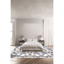 Napoli Home Dijital Baskılı Kaymaz Yıkanabilir Modern Kare Modelli Üçlü Yatak Odası, Yo-Modern-122-Lacivert,