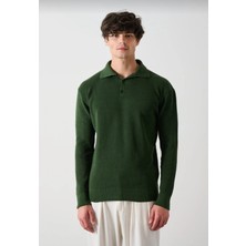Penyegoo Yeşil Polo Yaka Kalın Kumaşlı Oversize Rahat Kesim Spor ve Günlük Triko Kazak