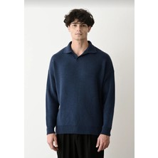 Penyegoo Lacivert Polo Yaka Kalın Kumaşlı Oversize Rahat Kesim Spor ve Günlük Trend Triko Kazak
