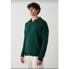 Penyegoo Yeşil Polo Yaka Kalın Kumaşlı Oversize Rahat Kesim Spor ve Günlük Triko Kazak
