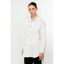 Kadın Önü Düğmeli Sabit Kapüşonlu Trençkot-Beyaz