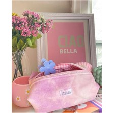 The Chanta Lila Pembe Efektli Jean Kumaş Makyaj Çantası Büyük Boy