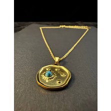Aytun Turkuaz Taşlı Özel Tasarım Gold Çelik Kolye