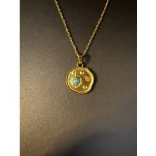Aytun Turkuaz Taşlı Özel Tasarım Gold Çelik Kolye