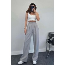 New Journal Kadın Gri Yüksek Bel Pileli Plazzo Kumaş Pantolon NWJ-100050009