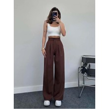 New Journal Kadın Kahverengi Yüksek Bel Pileli Plazzo Kumaş Pantolon NWJ-1000500018