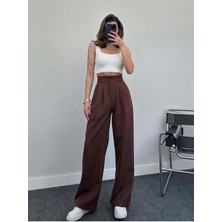 New Journal Kadın Kahverengi Yüksek Bel Pileli Plazzo Kumaş Pantolon NWJ-1000500018