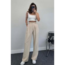 New Journal Kadın Bej Yüksek Bel Pileli Plazzo Kumaş Pantolon NWJ-1000500014