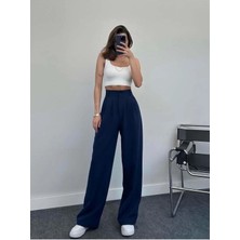 New Journal Kadın Lacivert Yüksek Bel Pileli Plazzo Kumaş Pantolon NWJ-100050004