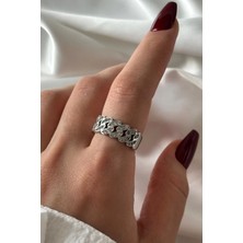 Leo'Stone Exclusive Seri Ayarlanabilir Paslanmaz Kararmaz Taşlı Zincir Model Tasarım Kadın Çelik Yüzük
