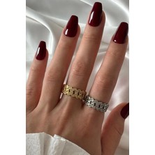 Leo'Stone Exclusive Seri Ayarlanabilir Paslanmaz Kararmaz Taşlı Zincir Model Tasarım Kadın Çelik Yüzük