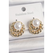 Callerrons Accessories Pirinç Gold Renk Incili Sarmal Burgu Model Kadın Küpe - EBJ250201W30947