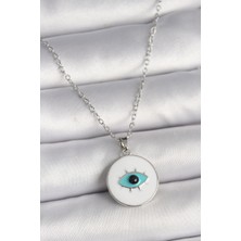 Callerrons Accessories Gümüş Renk Zincir Beyaz Mineli Turkuaz Göz Işleme Model Kadın Kolye - EBJ250201W30817