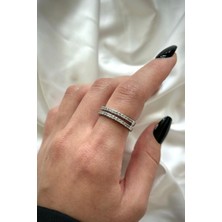 Leo'Stone Özel Seri Ikili Ince Yarım Tur Zirkon Taşlı Tasarım Model Kadın Çelik Yüzük