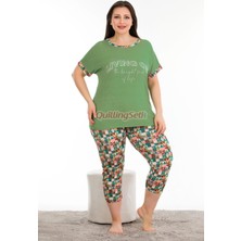 Quilling Yeşil Renk ve Desenli Lady 10678 Büyük Beden Kapri Tayt Pijama Takımı