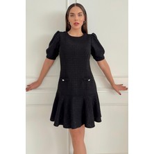 Tüvit Kumaş Midi Boy Sıfır Yaka Cep Detaylı Kadın Elbise 029