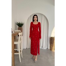 Taşlı Maya Yırtmaçlı Uzun Elbise