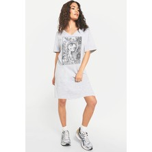 Rock&Roll Doğal Kız Gri V Yaka Yarım Kol Diz Boy Ev Elbisesi Gecelik