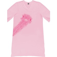 Rock&Roll Devekuşu Pembe V Yaka Yarım Kol Diz Boy Ev Elbisesi Gecelik