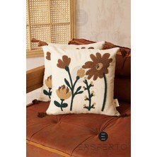 Ersperto Çiçek Püsküllü Keten Dekoratif Kırlent Kılıfı Yastık Kılıfı 1 Adet 43 x 43 cm