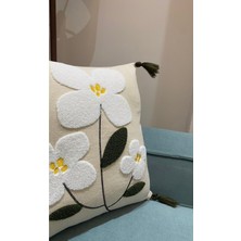 Ersperto Çiçek Püsküllü Keten Dekoratif Kırlent Kılıfı Yastık Kılıfı 1 Adet 43 x 43 cm