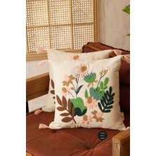 Ersperto Çiçek Püsküllü Keten Dekoratif Kırlent Kılıfı Yastık Kılıfı 1 Adet 43 x 43 cm