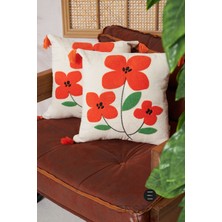 Ersperto Çiçek Püsküllü Keten Dekoratif Kırlent Kılıfı Yastık Kılıfı 1 Adet 43 x 43 cm