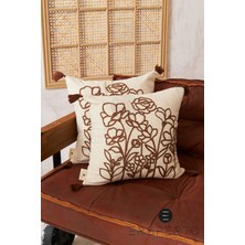 Ersperto Çiçek Püsküllü Keten Dekoratif Kırlent Kılıfı Yastık Kılıfı 1 Adet 43 x 43 cm