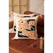 Ersperto Çiçek Püsküllü Keten Dekoratif Kırlent Kılıfı Yastık Kılıfı 1 Adet 43 x 43 cm