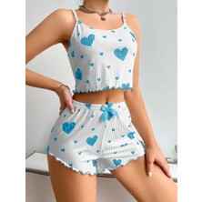Moon Wear Kadınbeyaz Mavi Kalp Desenli Askılı Şortlu Pijama Takım