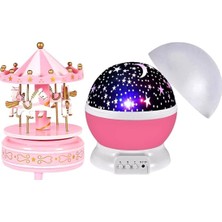 Keyfim Shop Pembe Star Master Renkli Yıldızlı Gökyüzü Projeksiyon & Pembe Atlı Karınca Müzik Kutusu