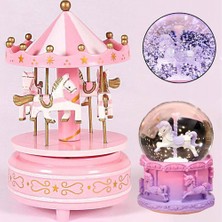 Keyfim Shop Atlı Karınca Unicorn Mini Işıklı Kar Küresi ve Müzik Kutusu El Yapımı Ahşap Renk Değiştiren