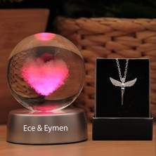 Keyfim Shop Kişiye Özel Kalp Işıklı Cam Küre 8 cm  x 6 cm  Melek Kolye Hediyeli