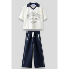 Magu Sloganlı Polo Yaka T-Shirt Geniş Eşofman Alt-Üst Takım Kız Çocuk